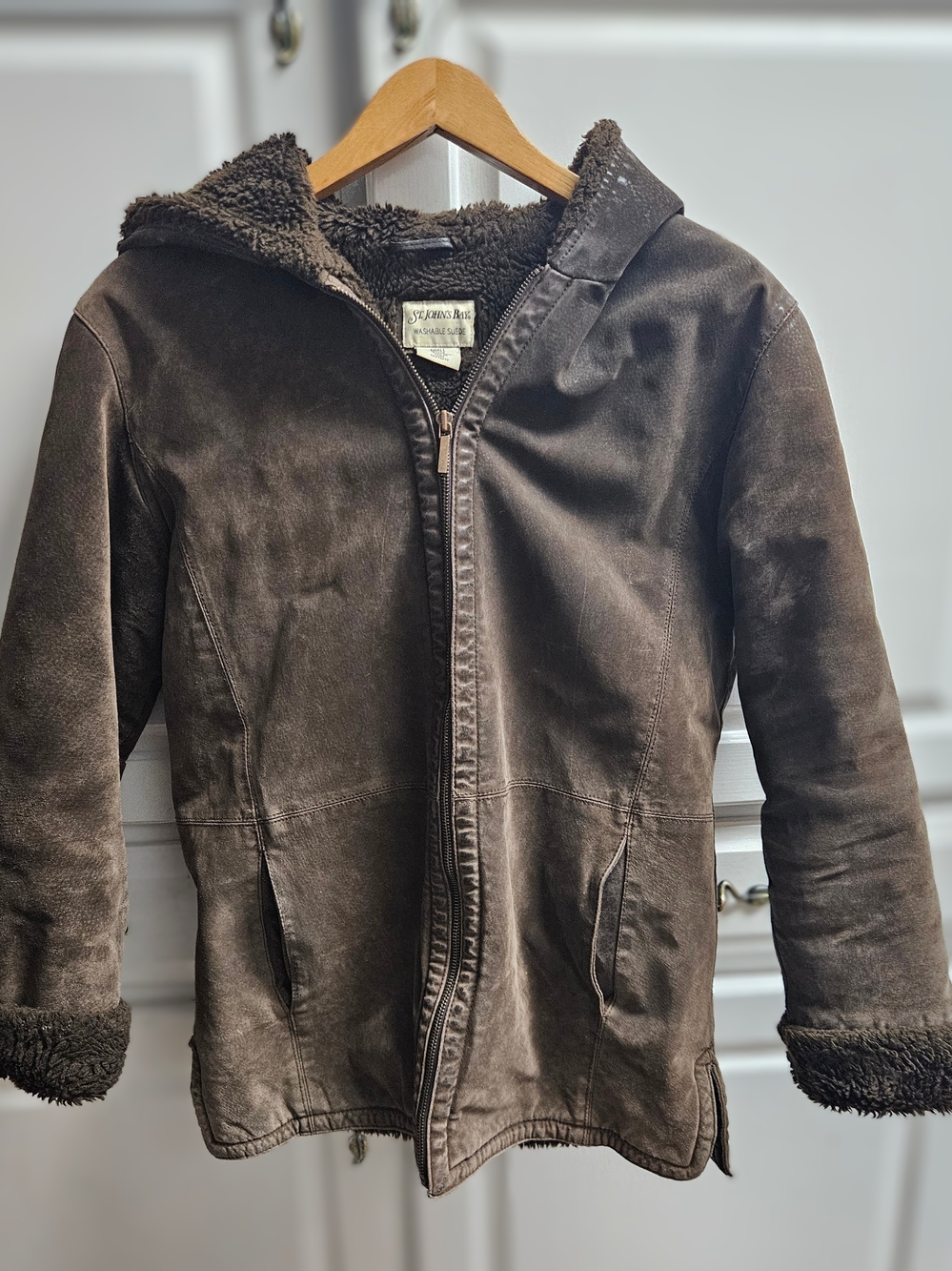 Vintage St. John's Bay Women's Small WASHABLE Fur Lined Suede Hooded Zip Jacket